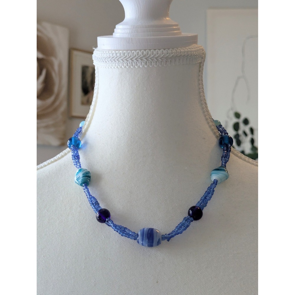 Romantic Seed Bead Collar Necklace With Glass Beggars Beads In Blues Coastal